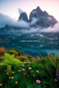 Serene Mountain Lake at Sunrise – free AI stock image
