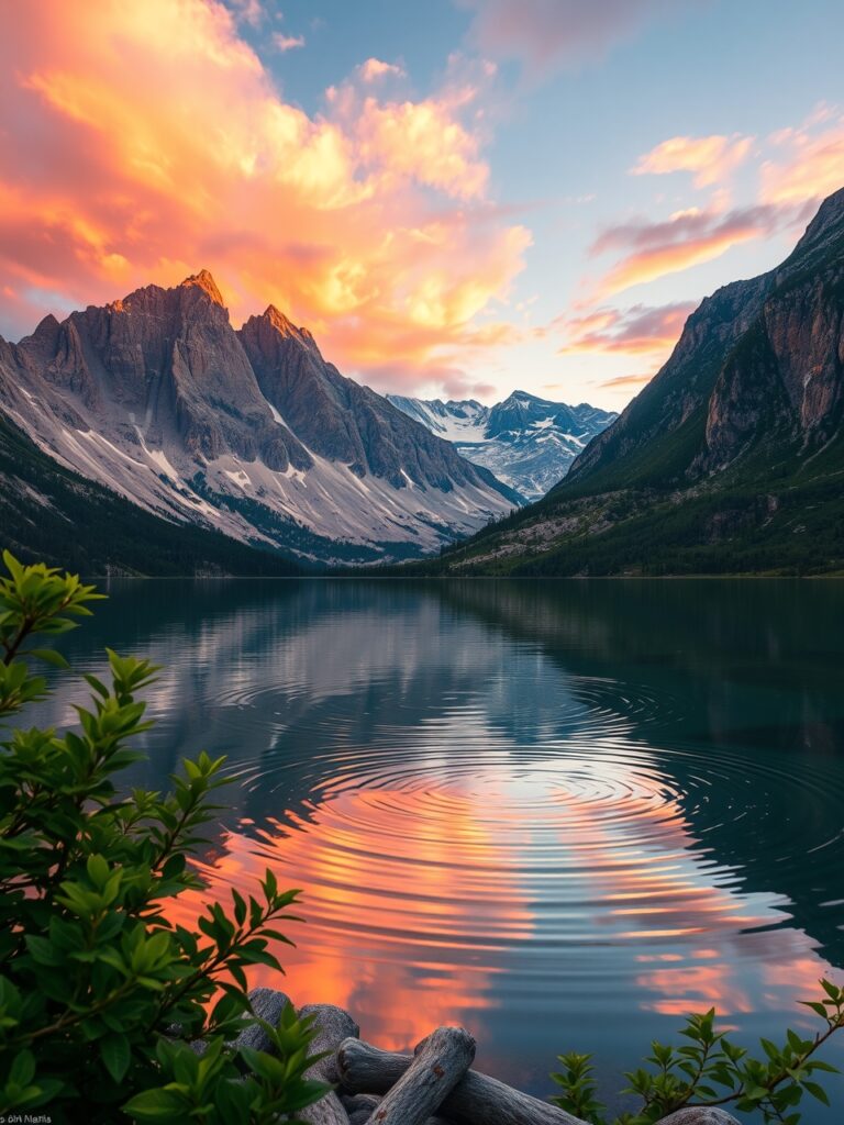 Serene Mountain Lake at Sunrise – free AI stock image