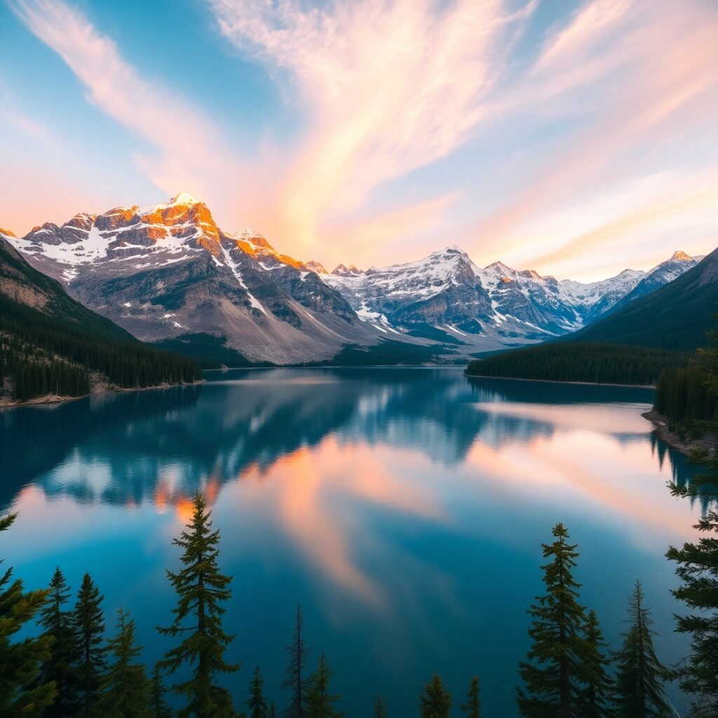Serene Mountain Lake at Sunrise – free AI stock image