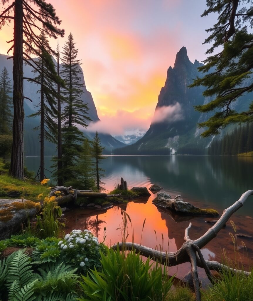 Serene Mountain Lake at Sunrise – free AI stock image