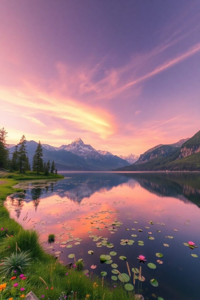 Serene Mountain Lake at Sunrise – free AI stock image