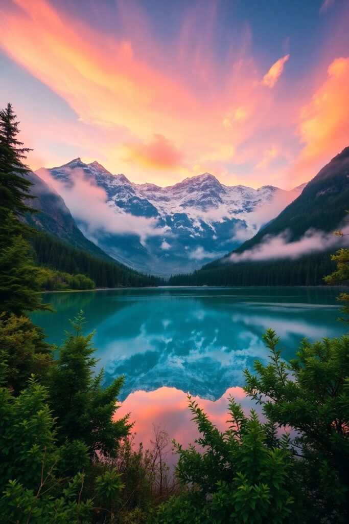 Serene Mountain Lake at Sunrise – free AI stock image