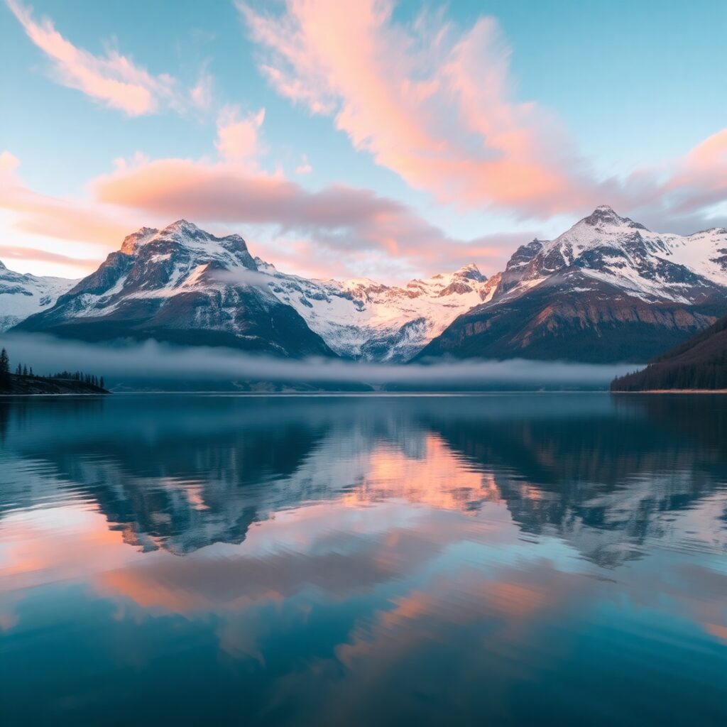 Serene Mountain Lake at Sunrise – free AI stock image