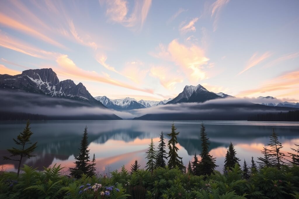 Serene Mountain Lake at Sunrise – free AI stock image