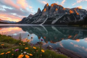 Serene Mountain Lake at Sunrise – free AI stock image