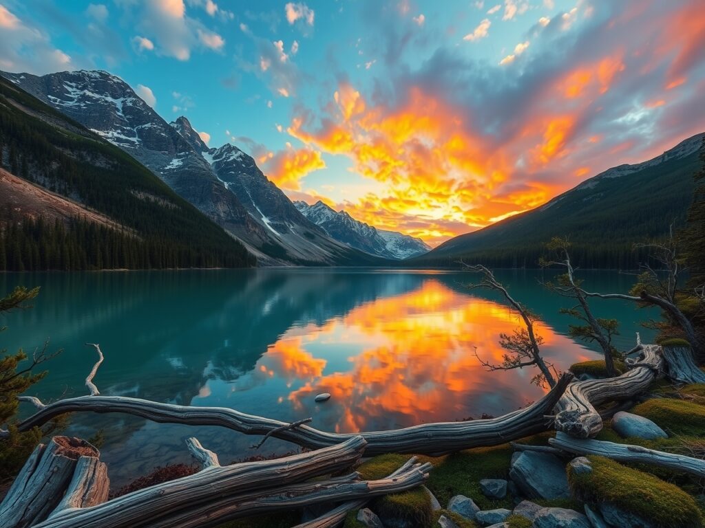 Serene Mountain Lake at Sunset – free AI stock image