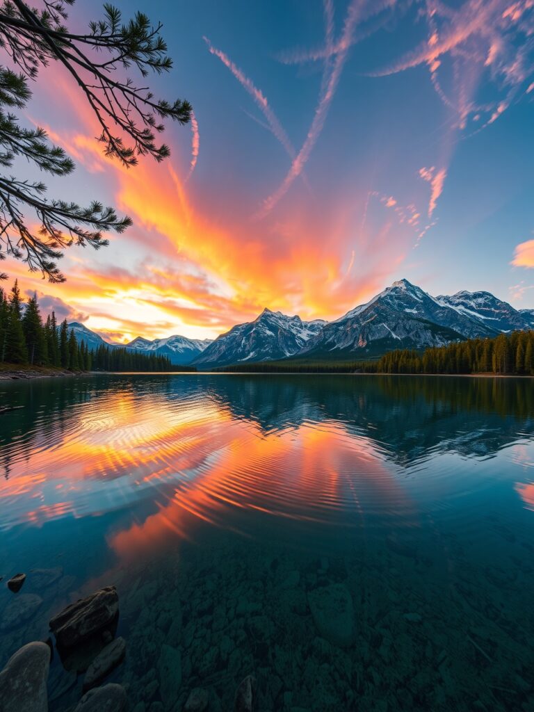 Serene Mountain Lake at Sunset – free AI stock image