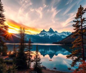 Serene Mountain Lake at Sunset – free AI stock image