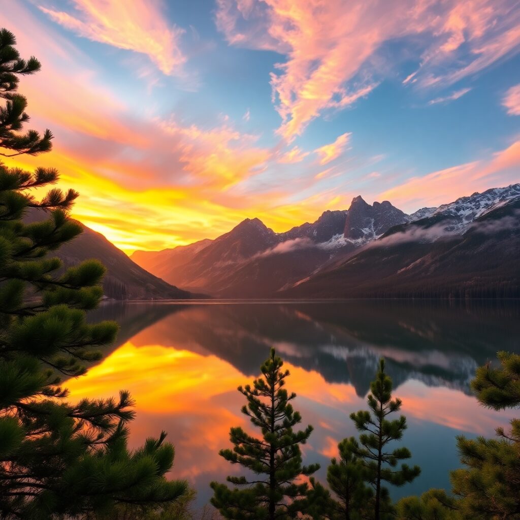 Serene Mountain Lake at Sunset – free AI stock image
