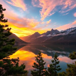 Serene Mountain Lake at Sunset – free AI stock image