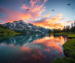 Serene Mountain Lake at Sunset – free AI stock image