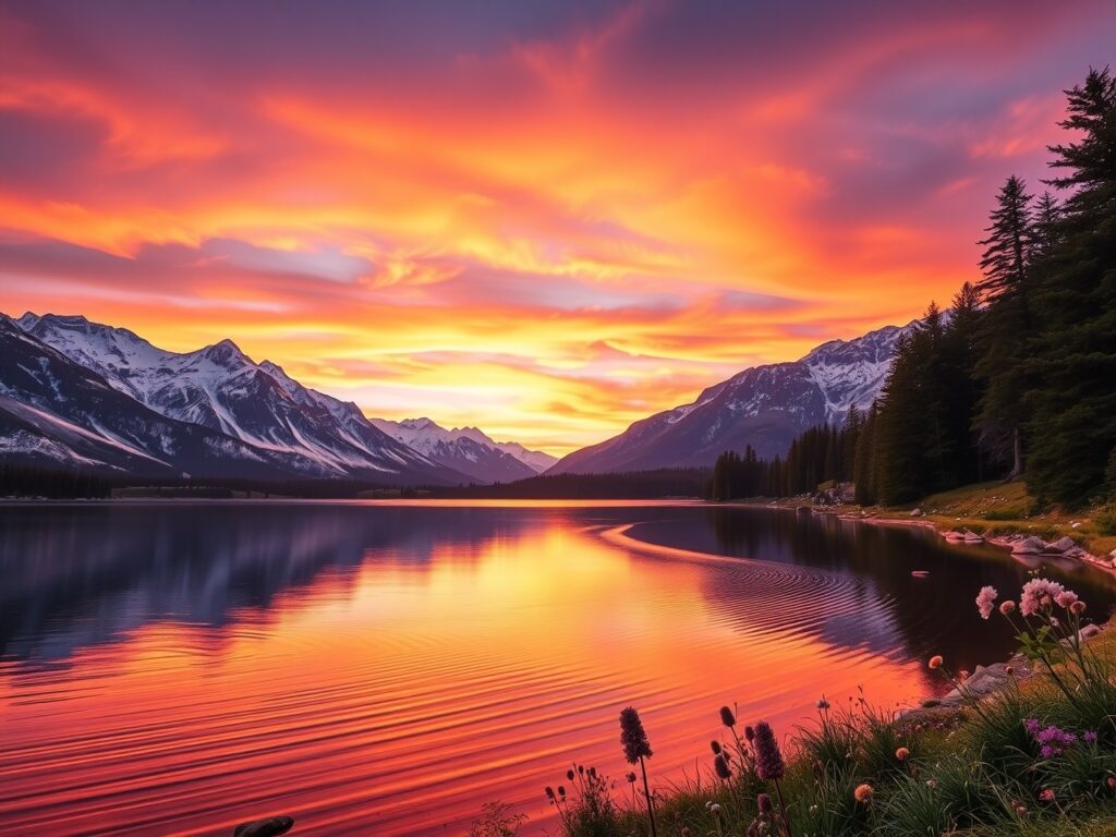Serene Mountain Lake at Sunset – free AI stock image