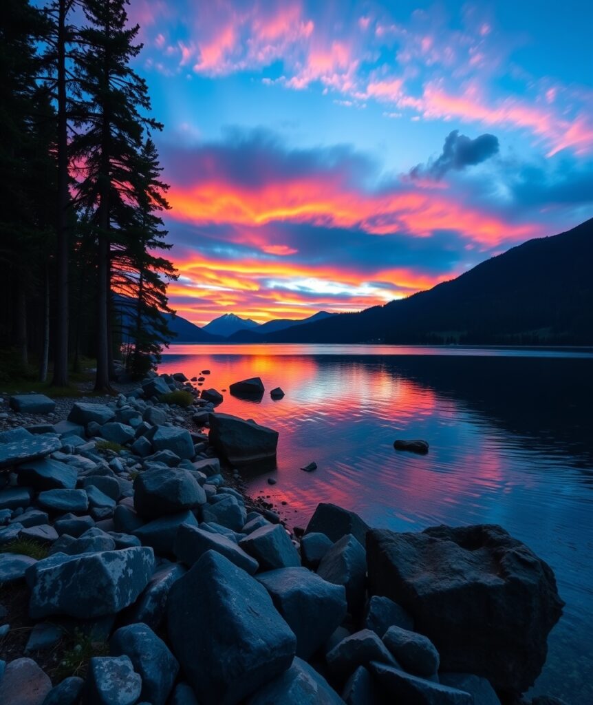 Serene Mountain Lake at Sunset – free AI stock image