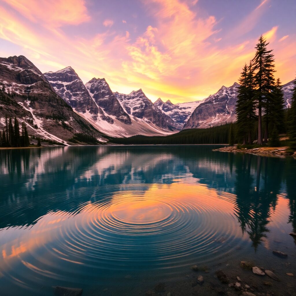 Serene Mountain Lake at Sunset – free AI stock image