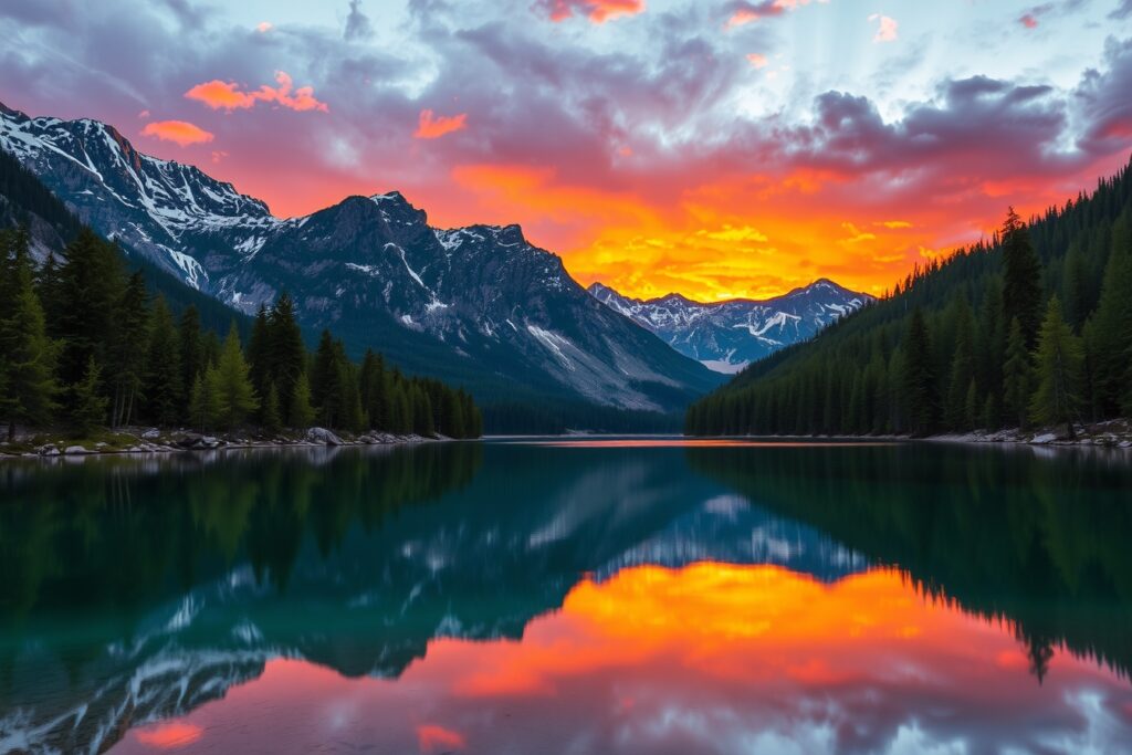 Serene Mountain Lake at Sunset – free AI stock image