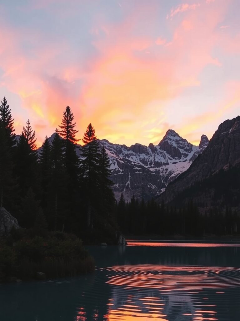 Serene Mountain Lake at Sunset – free AI stock image