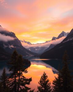 Serene Mountain Lake at Sunset – free AI stock image