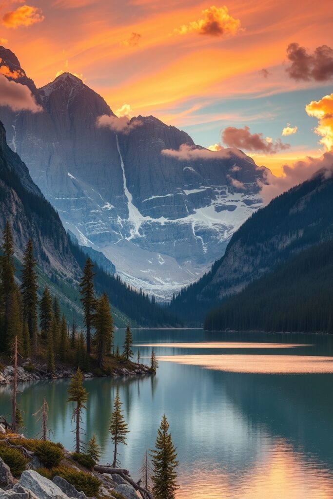 Serene Mountain Lake at Sunset – free AI stock image
