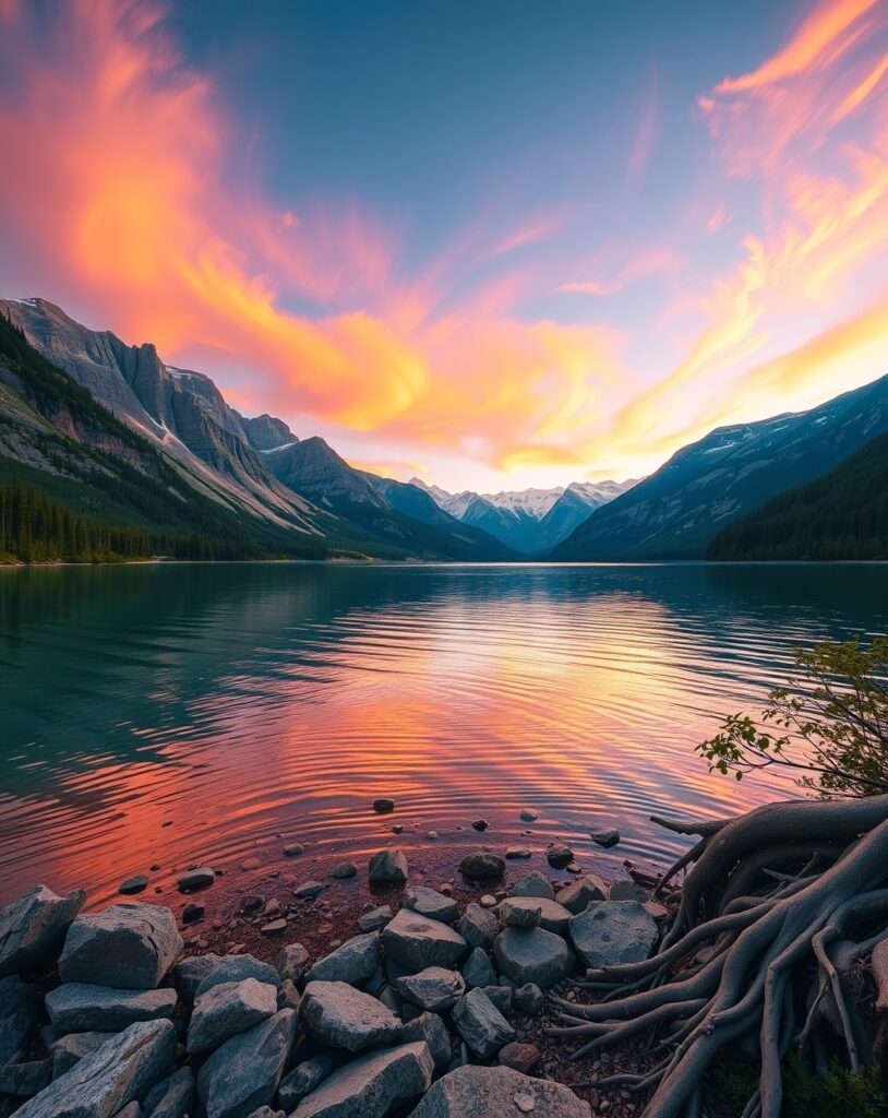 Serene Mountain Lake at Sunset – free AI stock image