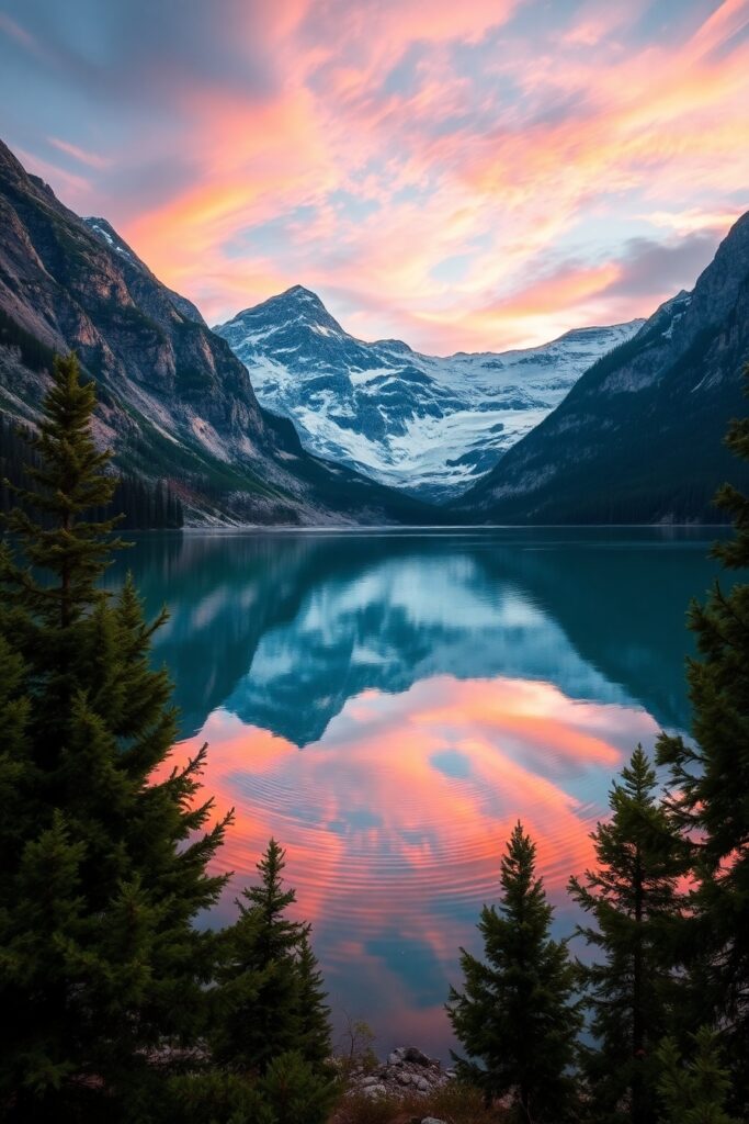 Serene Mountain Lake at Sunset Whispers – free AI stock image