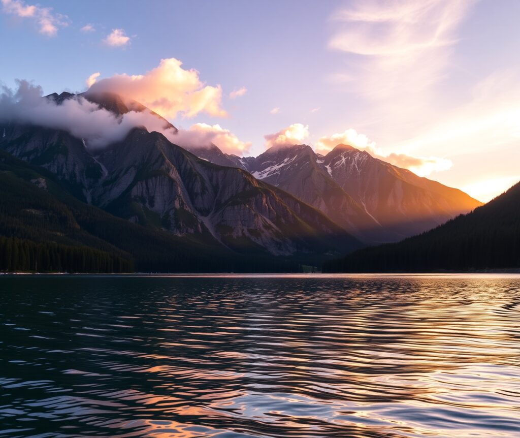 Serene Mountain Lake Background at Sunset – free AI stock image