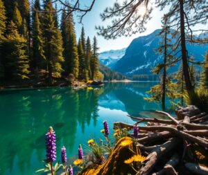 Serene Mountain Lake Surrounded by Evergreen Trees – free AI stock image