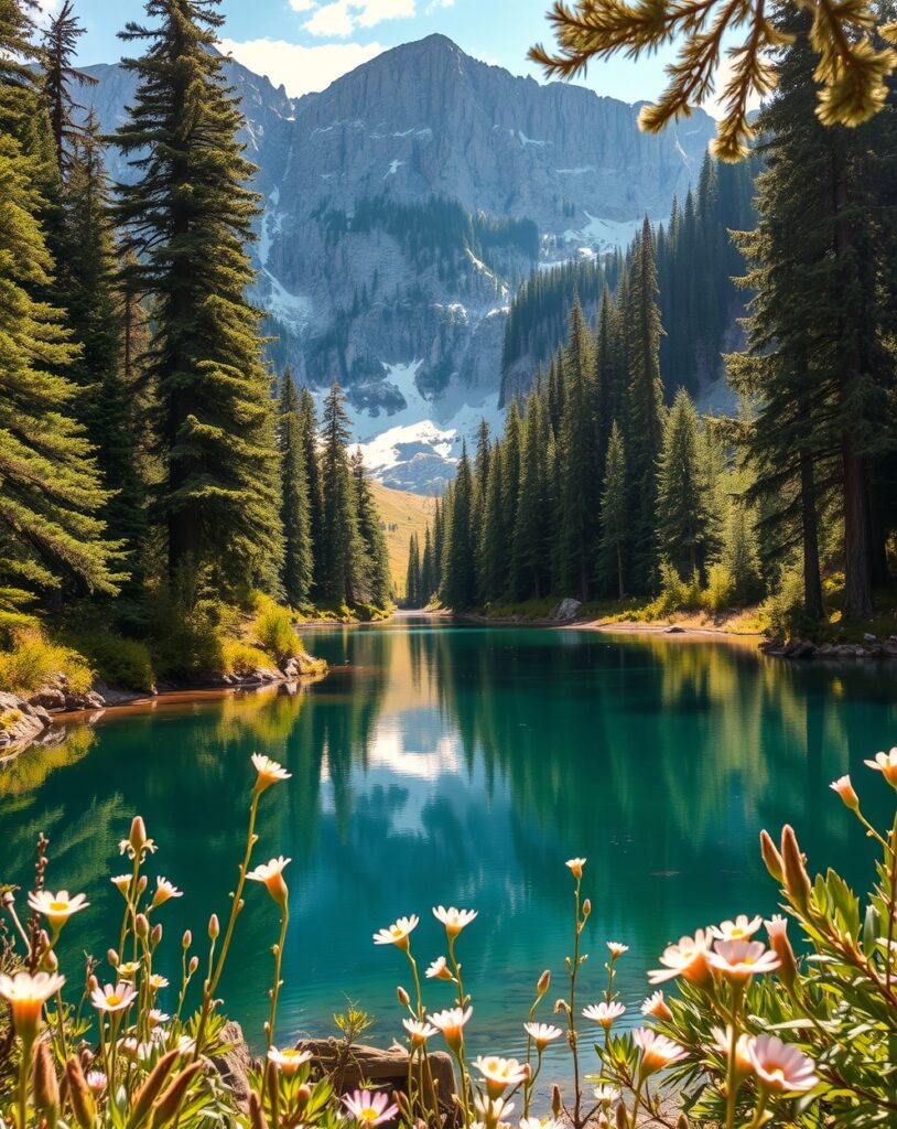 Serene Mountain Lake Surrounded by Lush Forests – free AI stock image