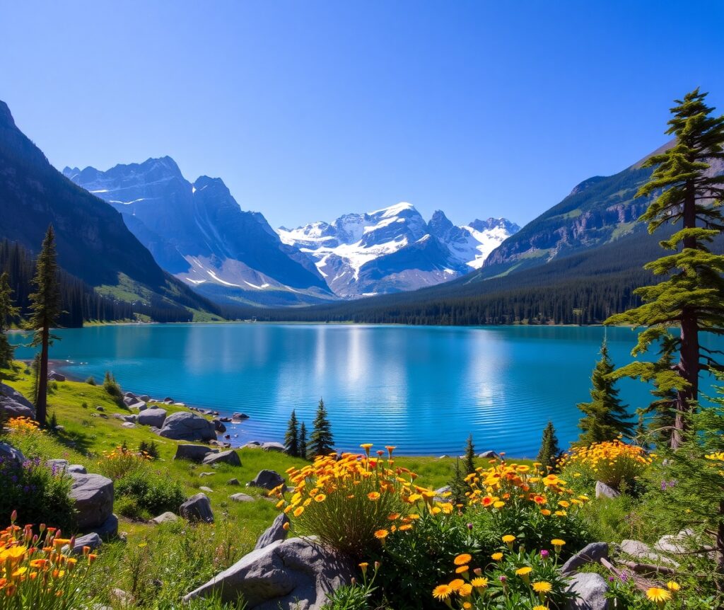 Serene Mountain Lake Under a Clear Sky – free AI stock image