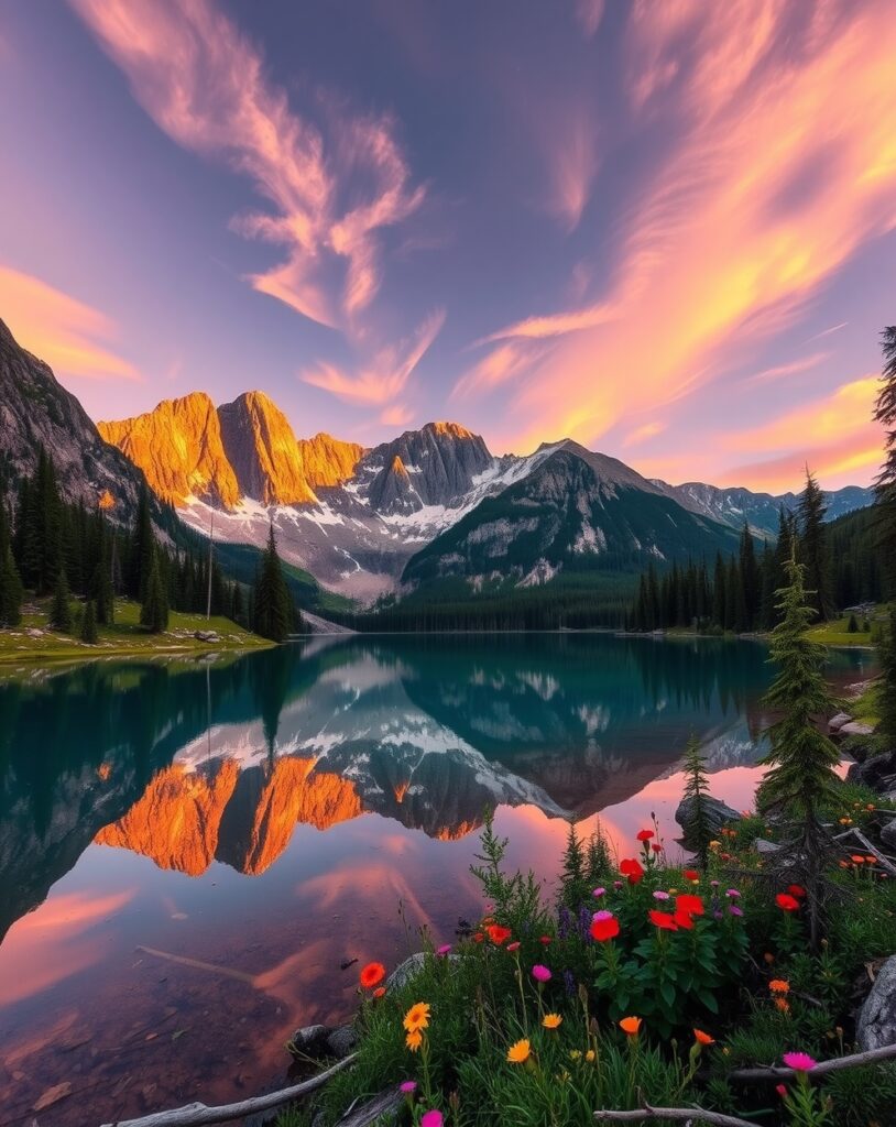 Serene Mountain Lakescape at Dawn – free AI stock image