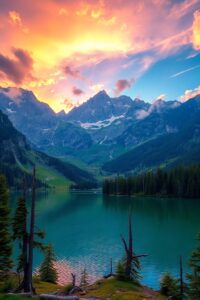 Serene Mountain Landscape at Sunrise – free AI stock image
