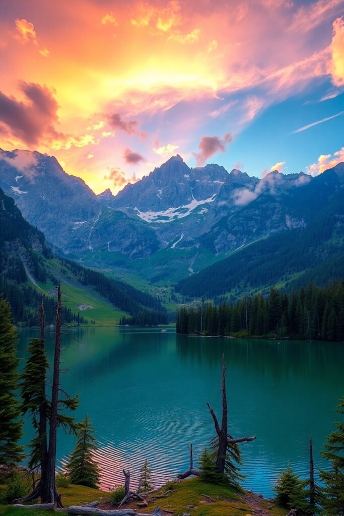Serene Mountain Landscape at Sunrise – free AI stock image