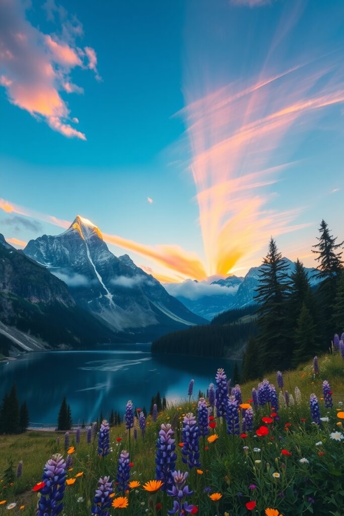 Serene Mountain Landscape at Sunrise – free AI stock image