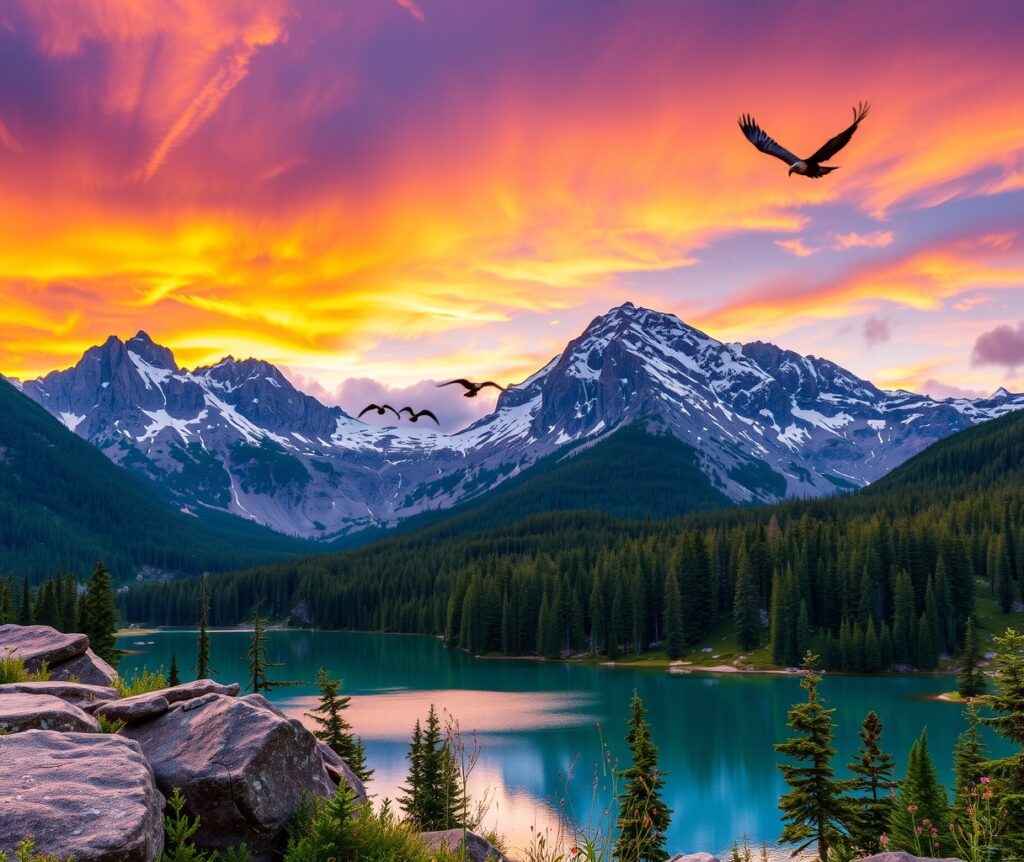 Serene Mountain Landscape at Sunrise – free AI stock image
