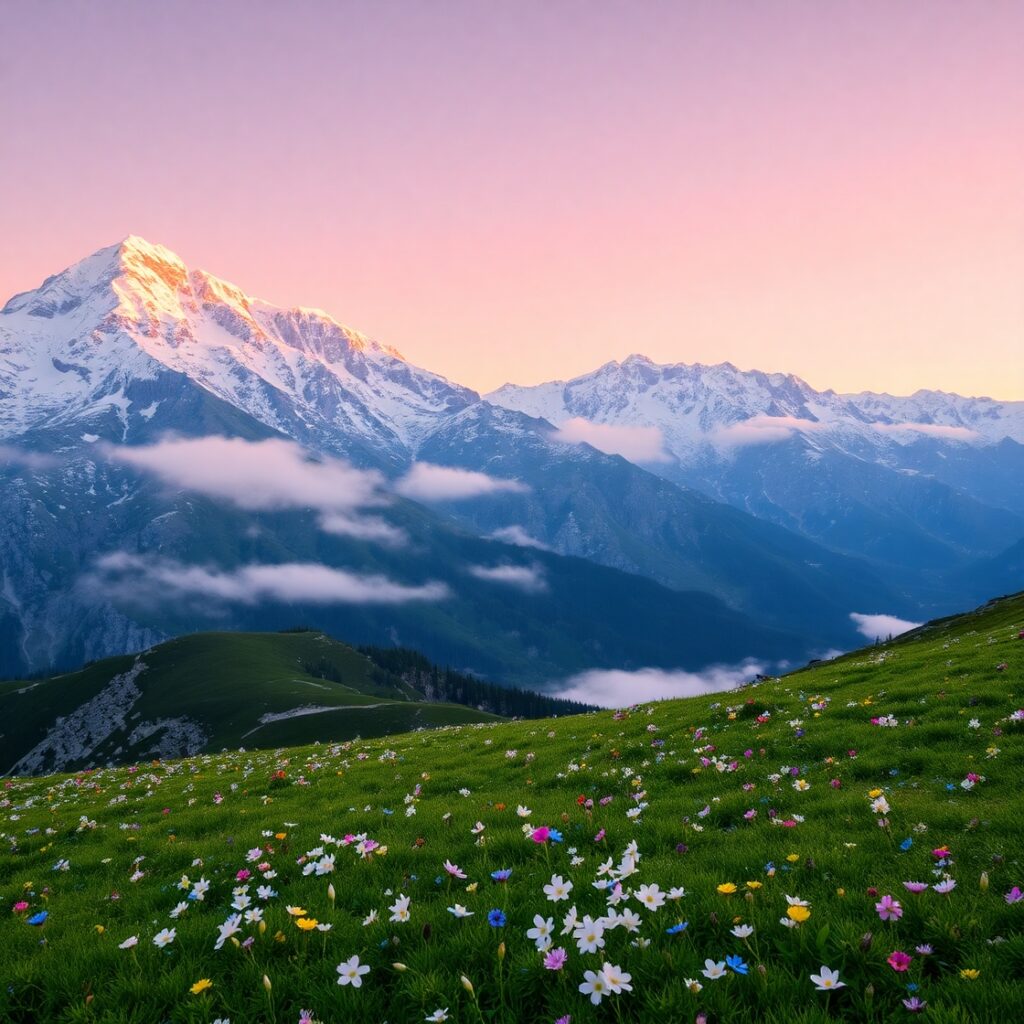 Serene Mountain Landscape at Sunrise – free AI stock image