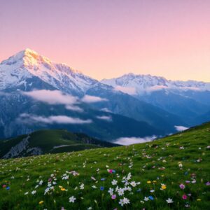 Serene Mountain Landscape at Sunrise – free AI stock image