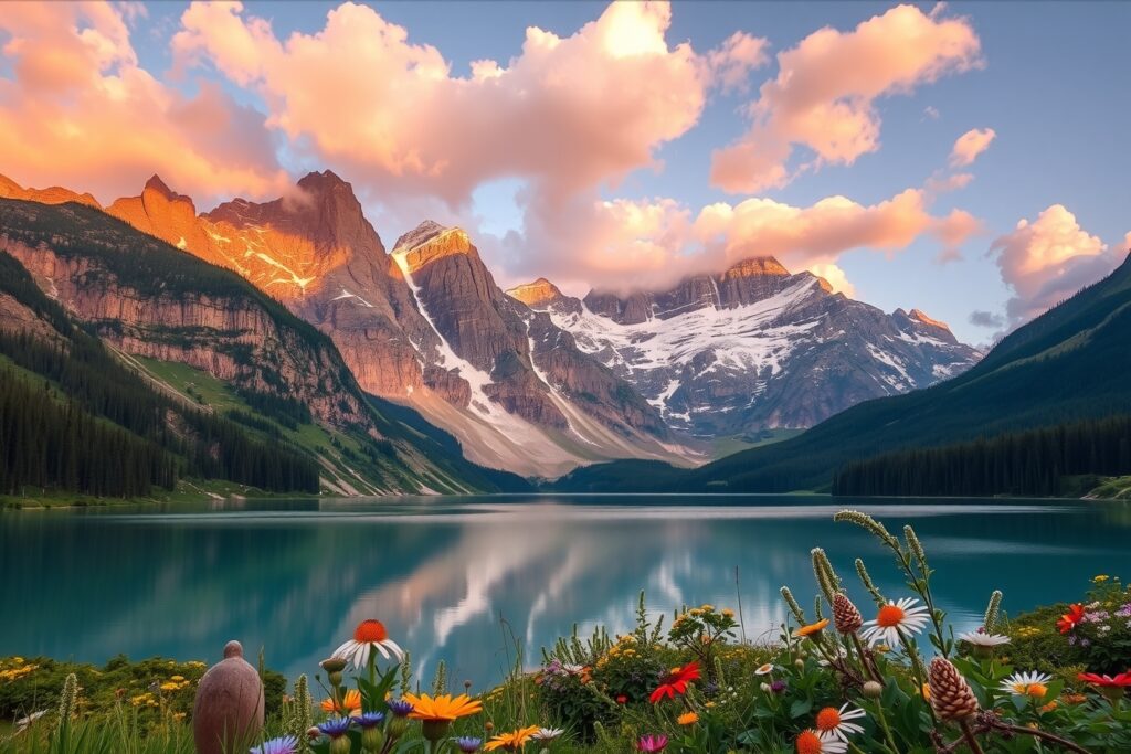 Serene Mountain Landscape at Sunrise – free AI stock image