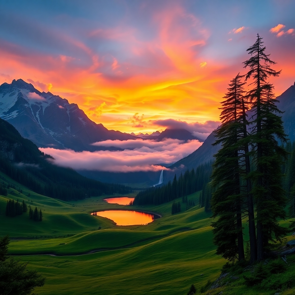 Serene Mountain Landscape at Sunrise – free AI stock image