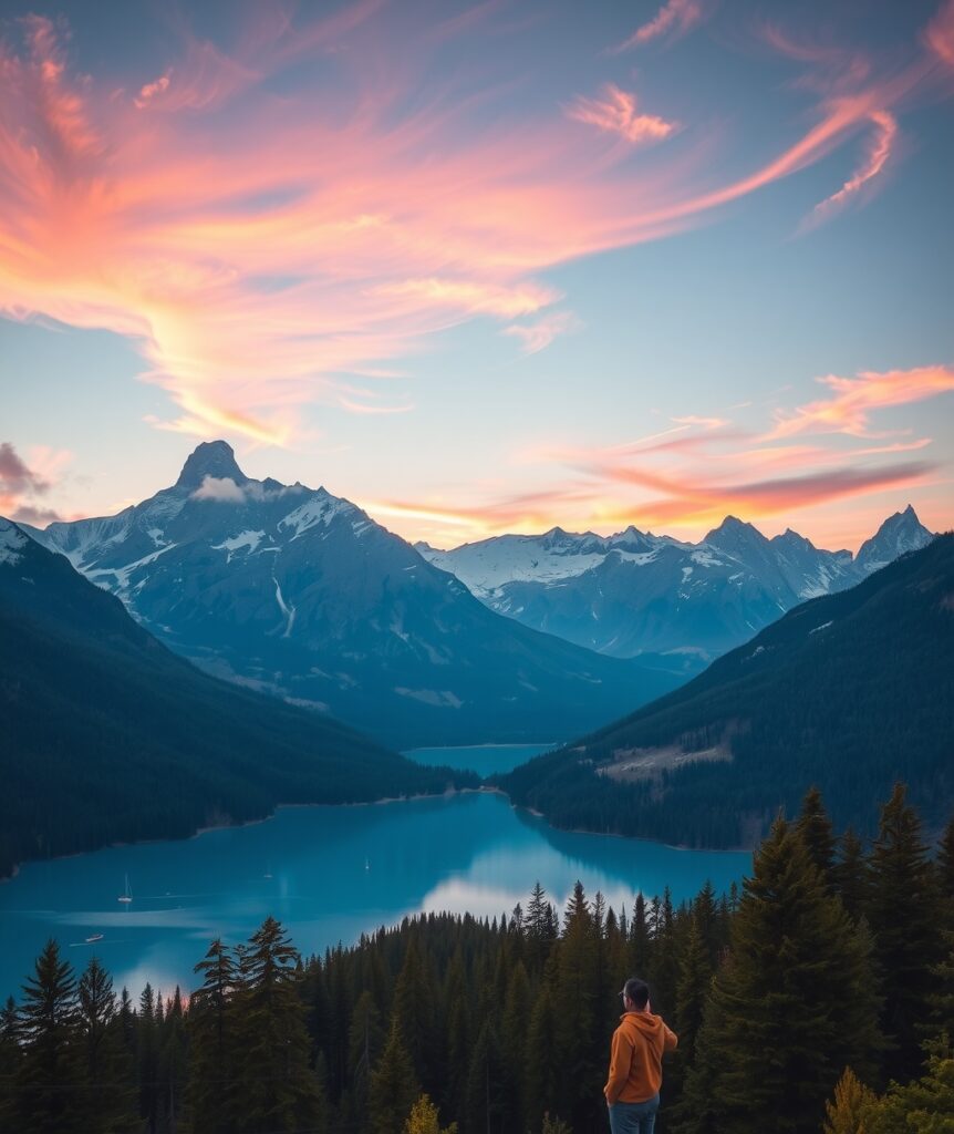 Serene Mountain Landscape at Sunrise – free AI stock image