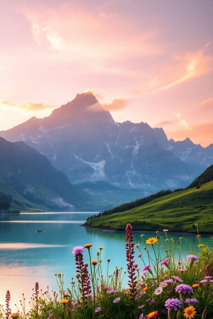Serene Mountain Landscape at Sunrise – free AI stock image