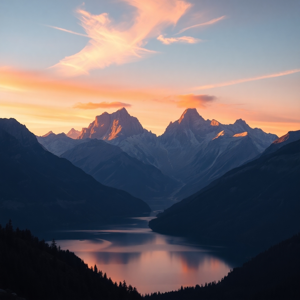 Serene Mountain Landscape at Sunrise – free AI stock image