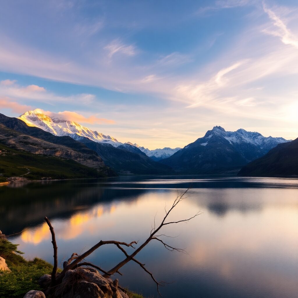 Serene Mountain Landscape at Sunrise – free AI stock image