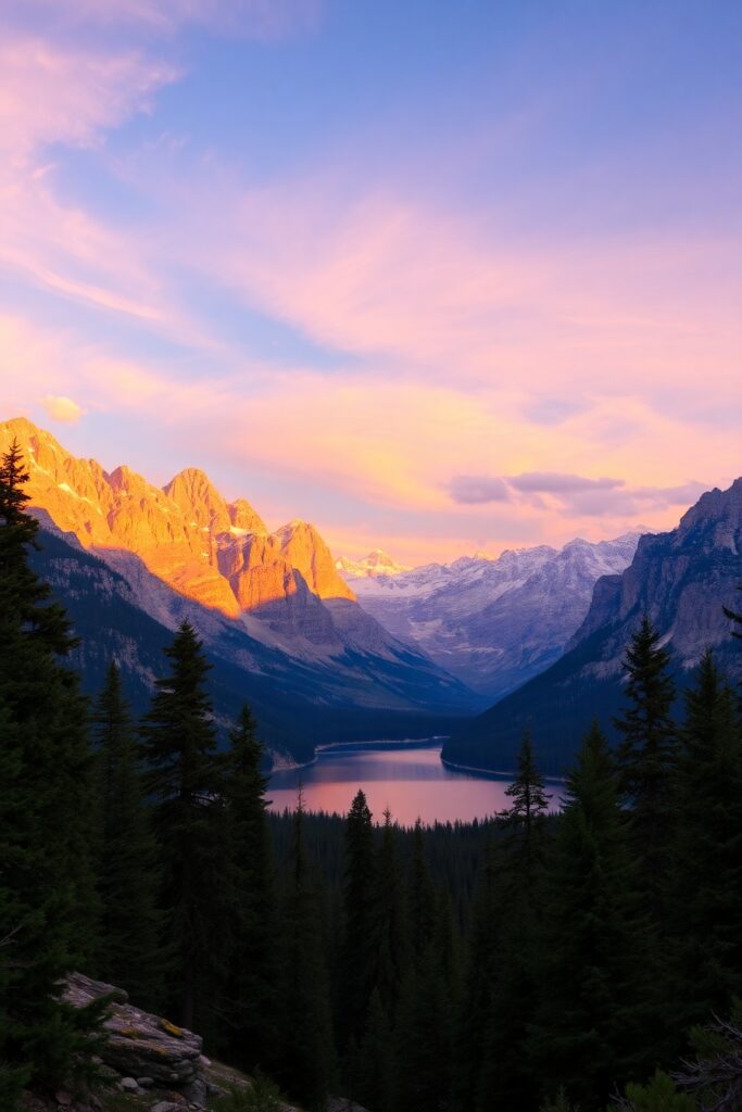 Serene Mountain Landscape at Sunrise – free AI stock image