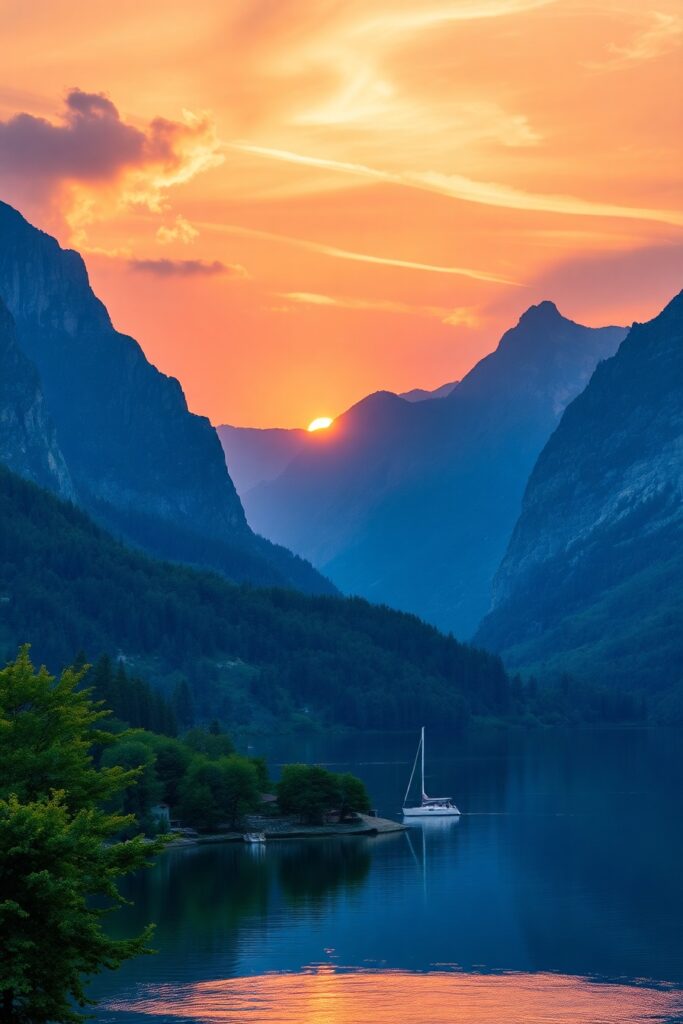 Serene Mountain Landscape at Sunset – free AI stock image