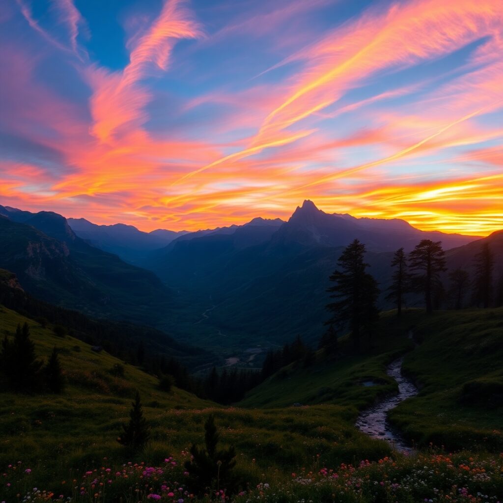 Serene Mountain Landscape at Sunset – free AI stock image