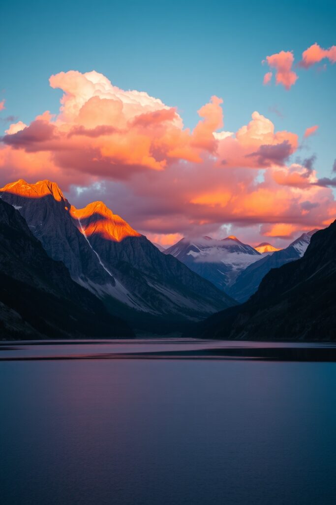 Serene Mountain Landscape at Sunset – free AI stock image