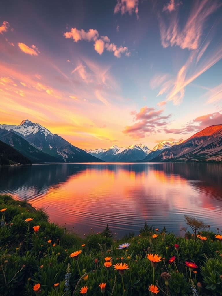 Serene Mountain Landscape at Sunset – free AI stock image