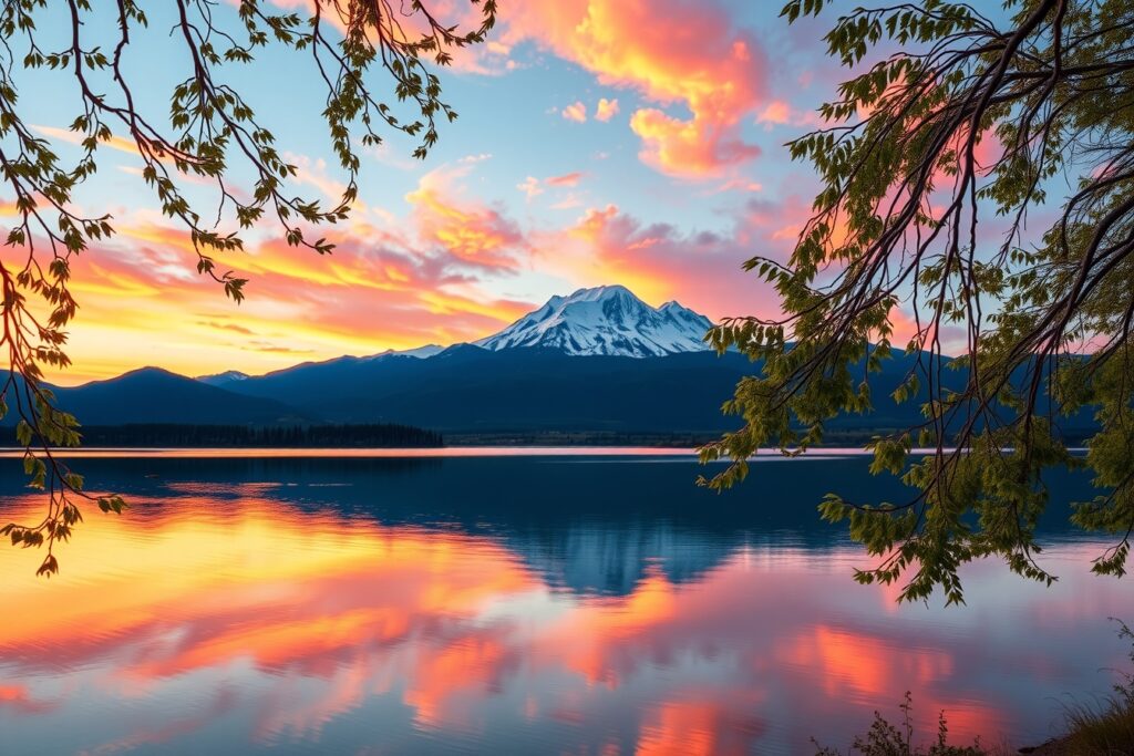 Serene Mountain Landscape at Sunset – free AI stock image