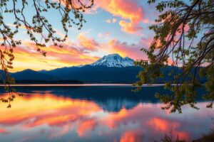 Serene Mountain Landscape at Sunset – free AI stock image