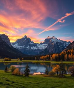 Serene Mountain Landscape at Sunset – free AI stock image