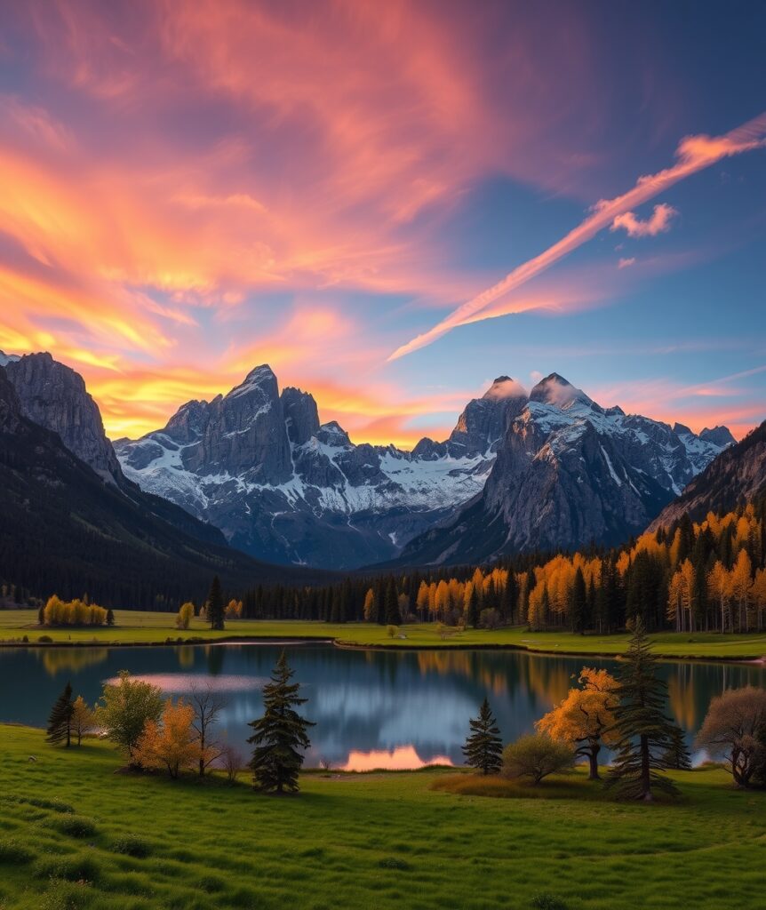 Serene Mountain Landscape at Sunset – free AI stock image